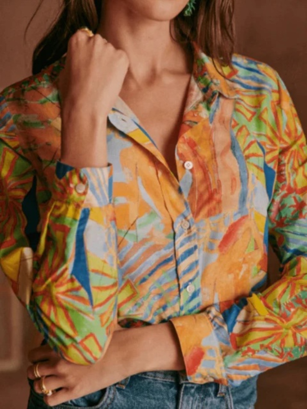 Sezane Abstract Pierro Shirt Geoffroy Pithon Print Long Sleeve Silk Blue Size 34